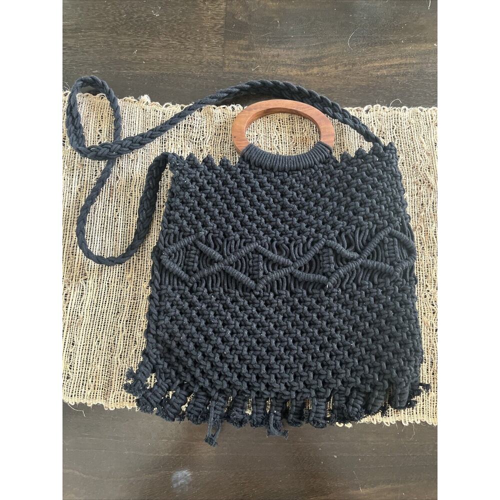 Danielle Nichole Crochet Macrame Black Boho Bag Fringe Wood Handle Boho Festival
